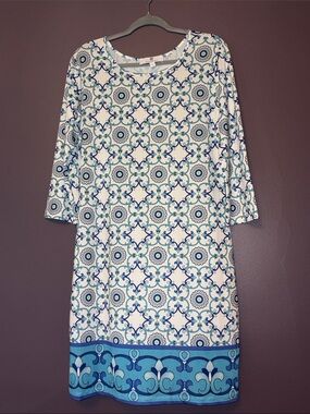 Jean-Pierre Klifa Paris Blue & White Patterned Shift Dress Large NWOT